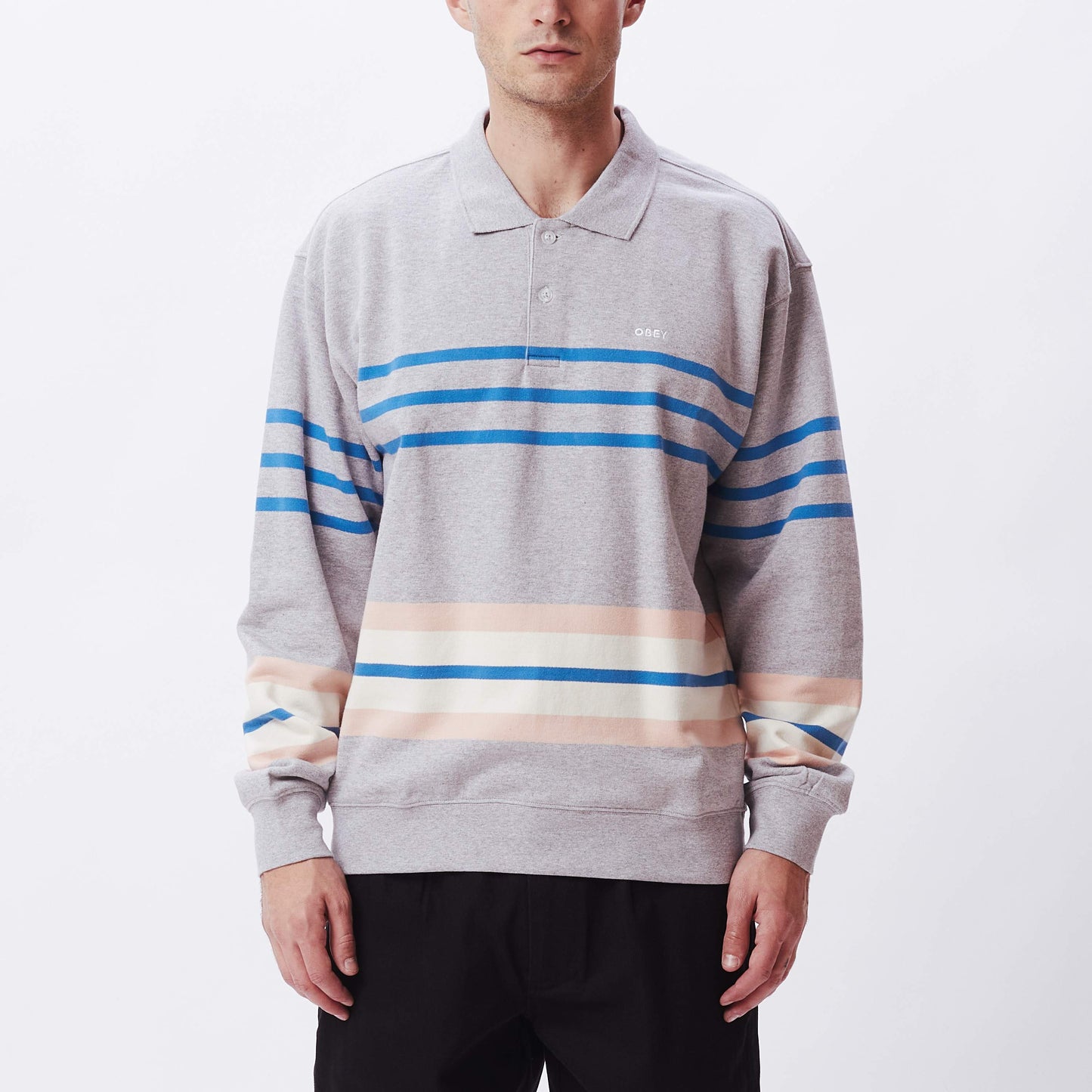 OBEY Issue Stripe Polo Sweat - Heather Grey Multi