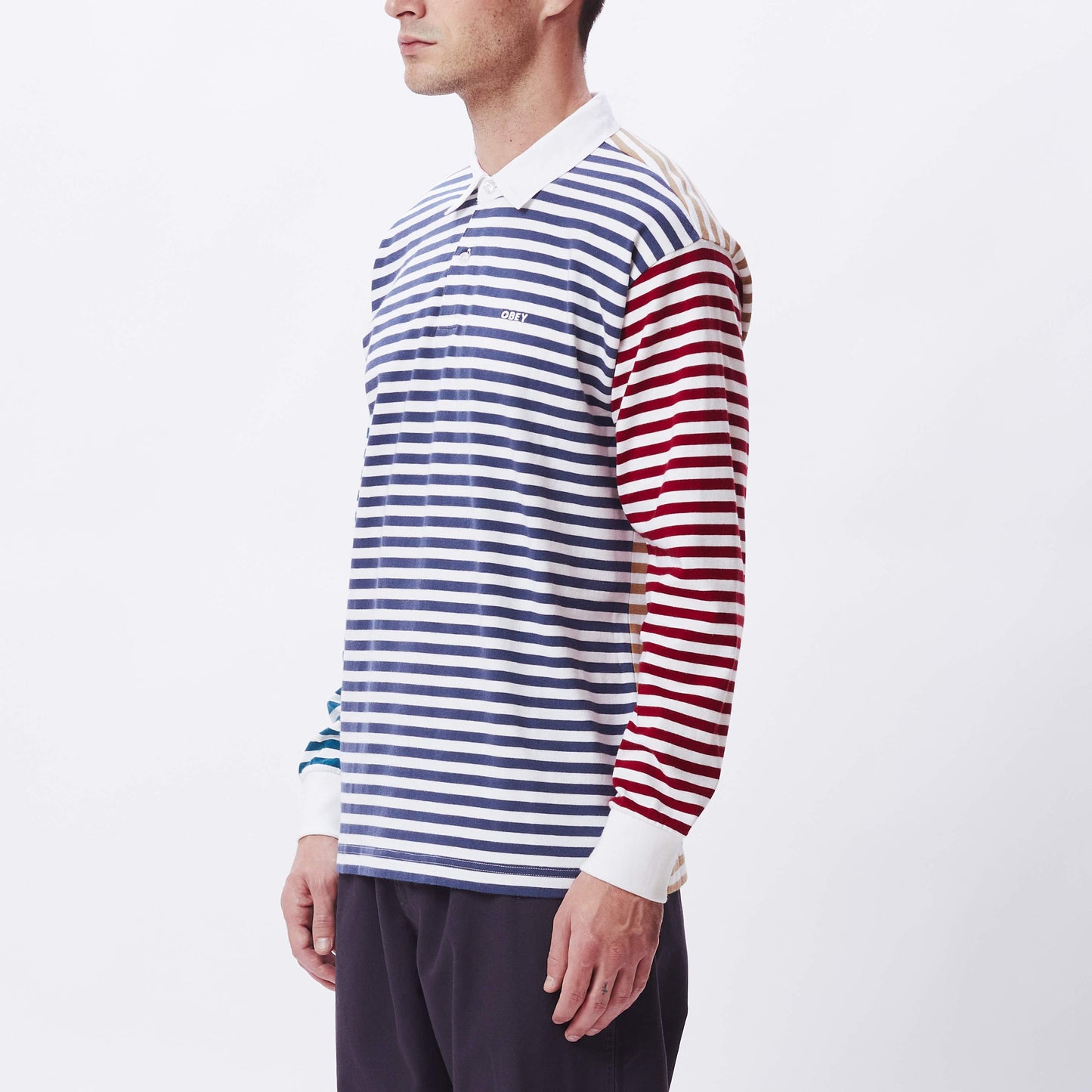 OBEY Marcel Striped LS Polo - Dark Denim Multi
