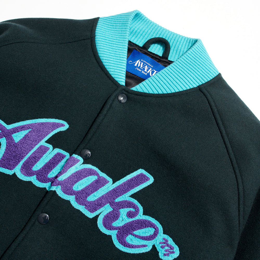Awake NY Chenille Embroidered Logo Varsity Jacket - Charcoal