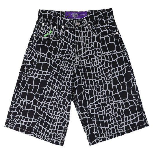 Always Do What You Should Do Croc Print Denim Shorts - Black