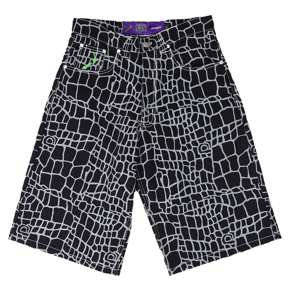 Always Do What You Should Do Croc Print Denim Shorts - Black