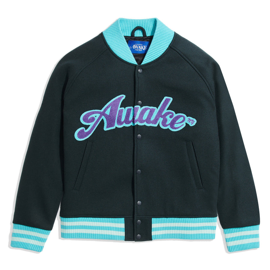 Awake NY Chenille Embroidered Logo Varsity Jacket - Charcoal