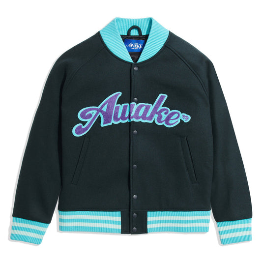 Awake NY Chenille Embroidered Logo Varsity Jacket - Charcoal