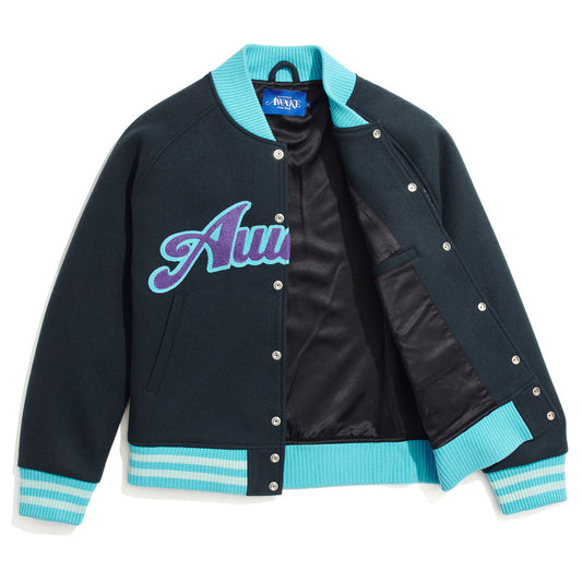 Awake NY Chenille Embroidered Logo Varsity Jacket - Charcoal