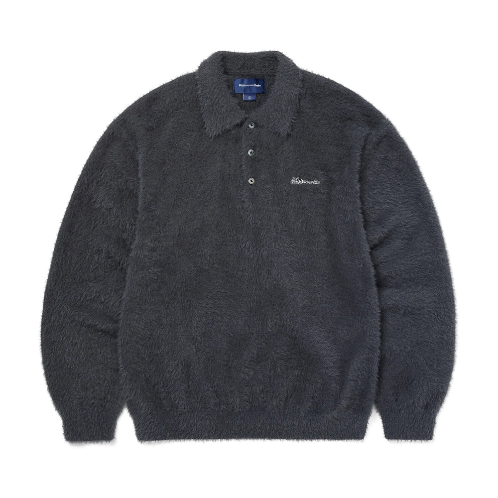 This Is Never That SCT-Logo Shaggy Knit Polo - Charcoal